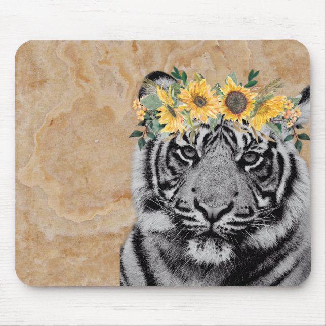 Tiger Cat Animal Sunflowers Boho Art Colorful Mouse Pad (Front)