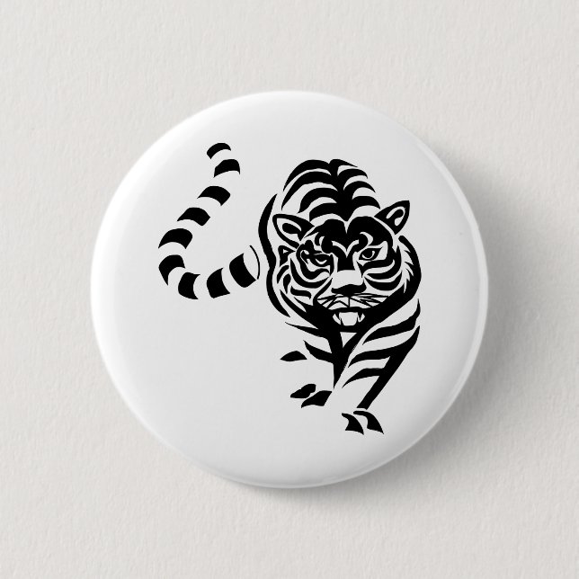 Tiger Cat Big Black White Stripes Prowl Walk Button (Front)