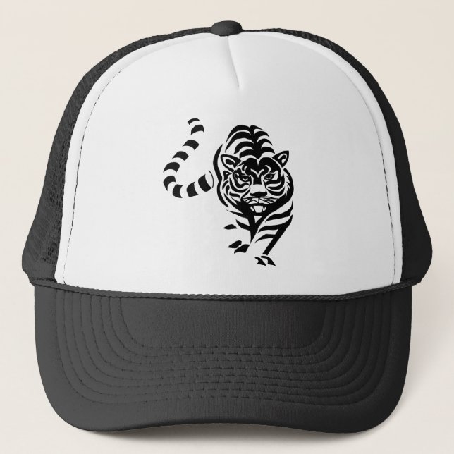 Tiger Cat Big Black White Stripes Prowl Walk Trucker Hat (Front)
