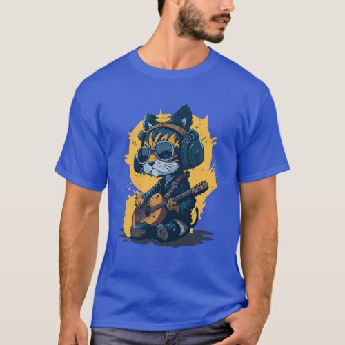  Tiger Cat Playing Guitar And Listening To Music T_Shirt