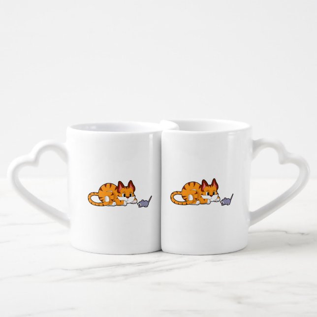 Tiger cat with Mouse Coffee Mug Set (Front Nesting)