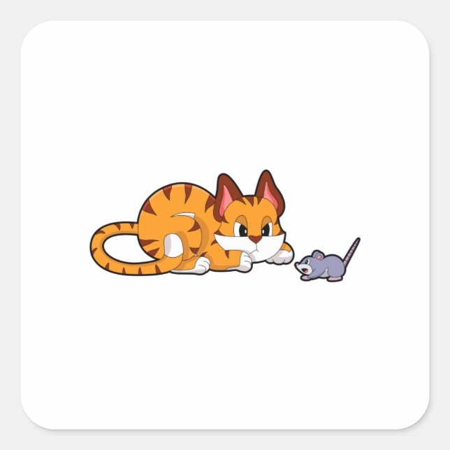 Tiger cat with Mouse Square Sticker (Front)
