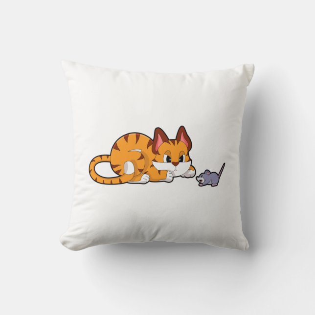 Tiger cat with Mouse Throw Pillow (Front)
