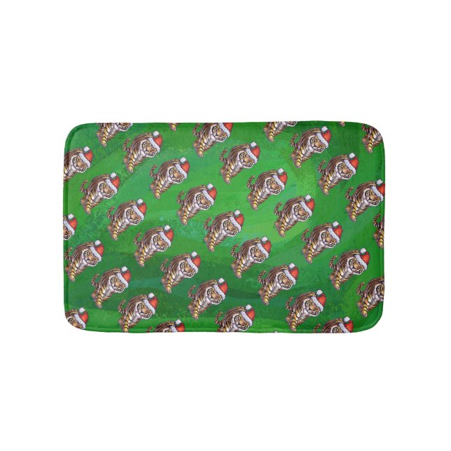 Tiger Christmas On Green Bathroom Mat (Front)