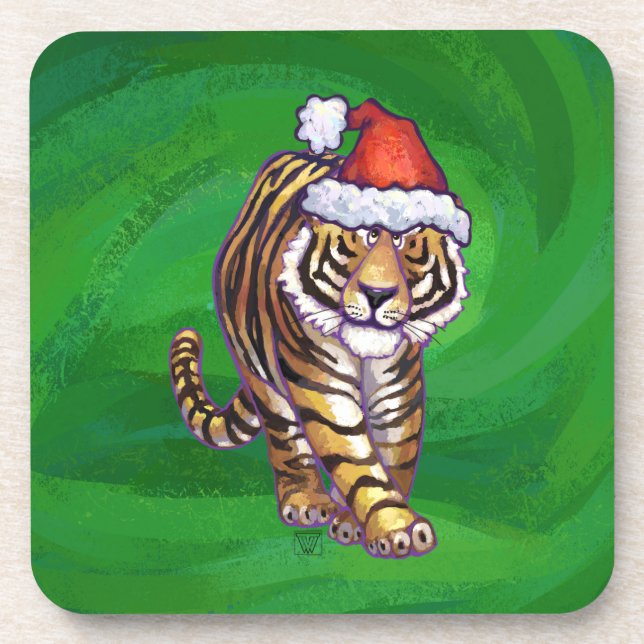 Tiger Christmas On Green Beverage Coaster (Front)