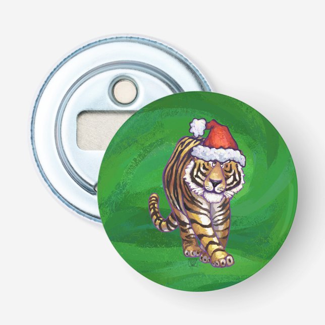 Tiger Christmas On Green Bottle Opener (Front)