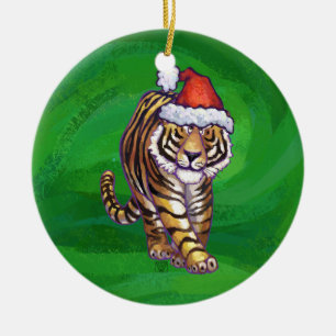 Tiger Christmas On Green Ceramic Ornament