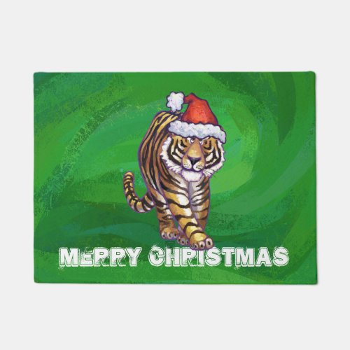 Tiger Christmas On Green Doormat