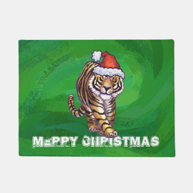 Tiger Christmas On Green Doormat (Front)