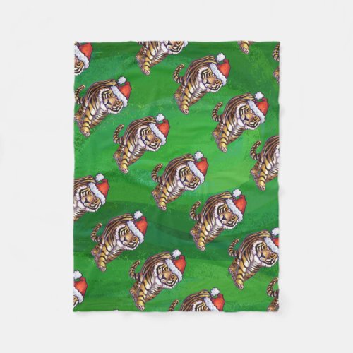 Tiger Christmas On Green Fleece Blanket