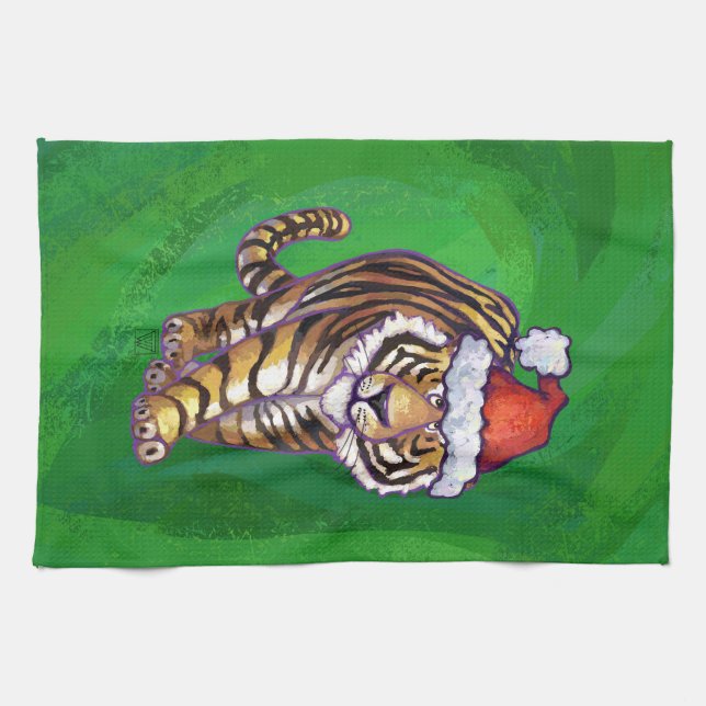 Tiger Christmas On Green Kitchen Towel (Horizontal)