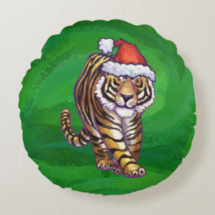 Tiger Christmas On Green Round Pillow