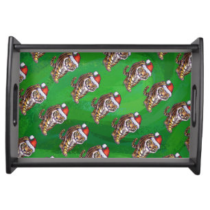 Tiger Christmas On Green Serving Tray