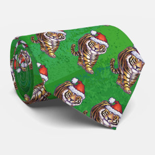 Tiger Christmas On Green Tie