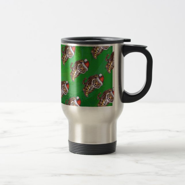 Tiger Christmas On Green Travel Mug (Right)
