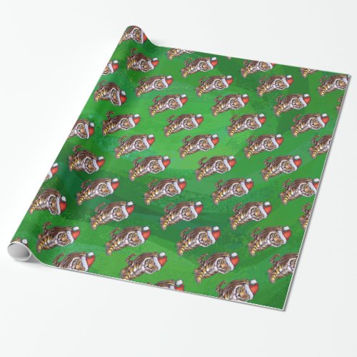 Tiger Christmas On Green Wrapping Paper