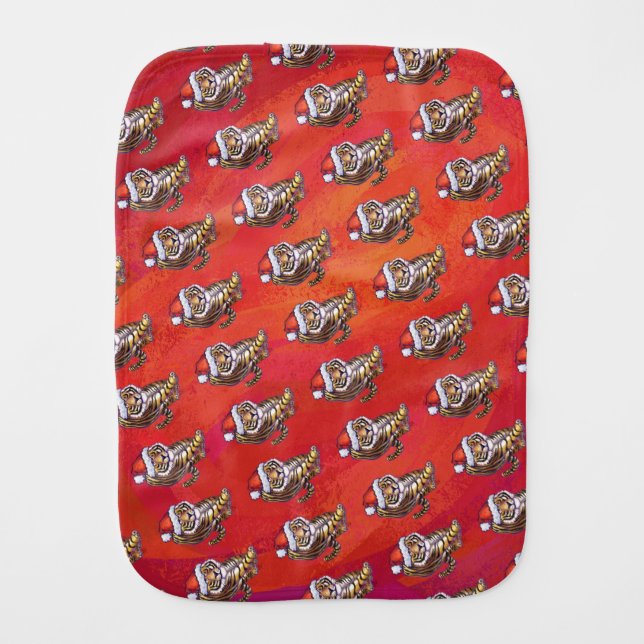 Tiger Christmas on Red Baby Burp Cloth (Front)