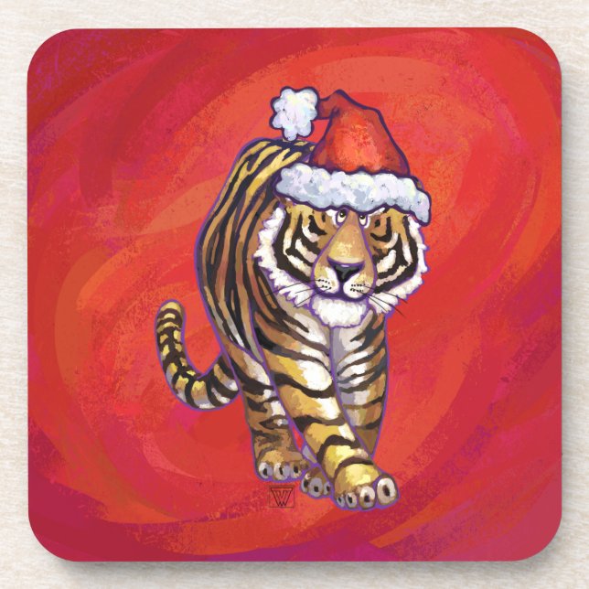 Tiger Christmas on Red Beverage Coaster (Front)