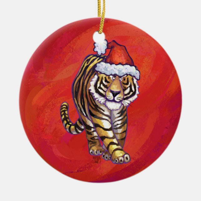 Tiger Christmas on Red Ceramic Ornament (Front)