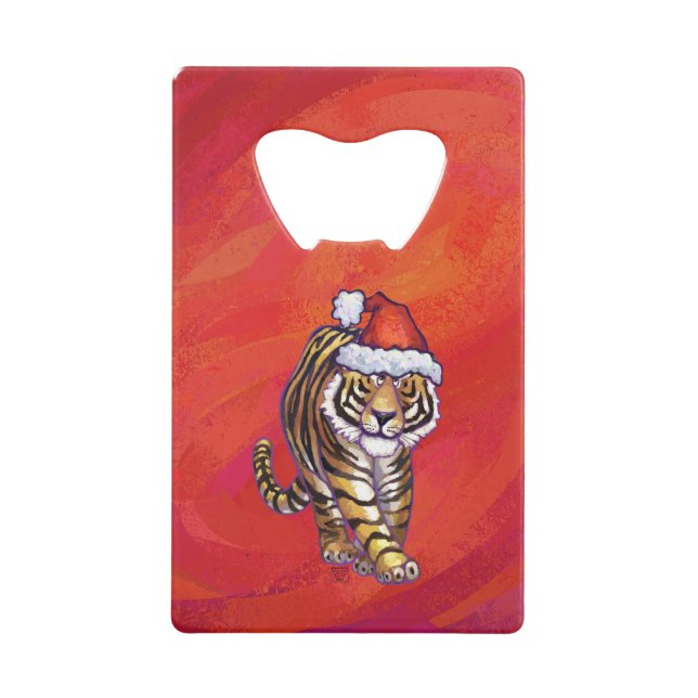 Tiger Christmas on Red Credit Card Bottle Opener (Front)