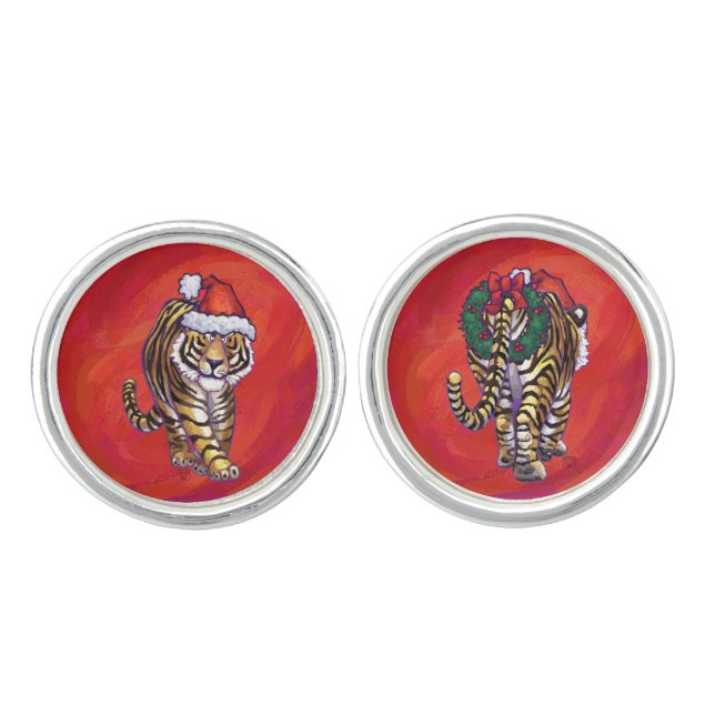 Tiger Christmas on Red Cufflinks (Front)