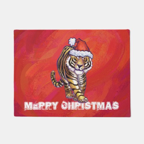 Tiger Christmas on Red Doormat