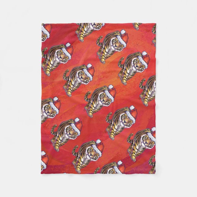 Tiger Christmas on Red Fleece Blanket (Front)