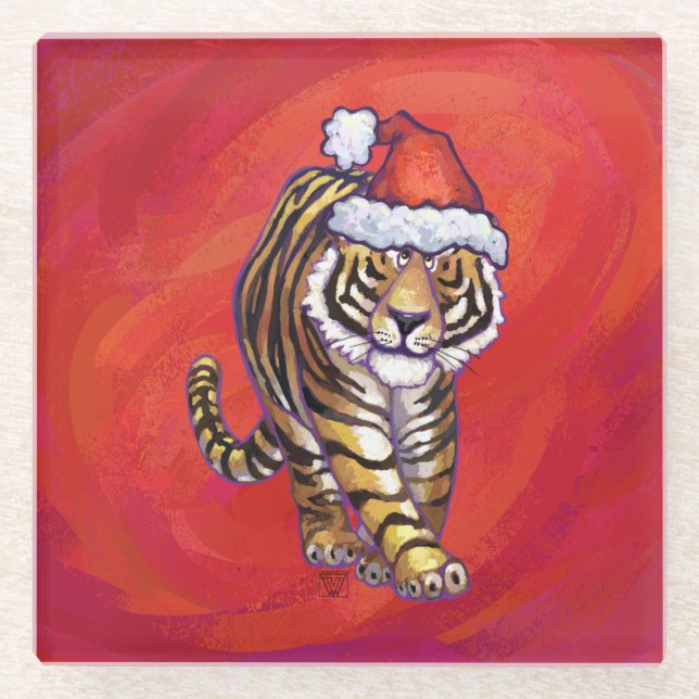 Tiger Christmas on Red Glass Coaster (Front)