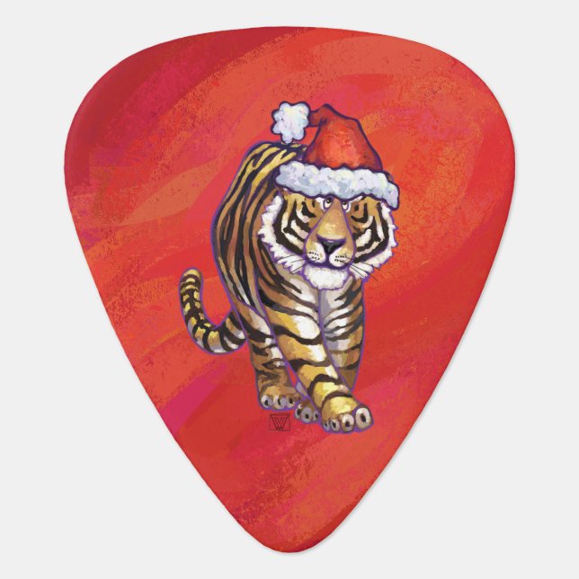Tiger Christmas on Red Guitar Pick (Front)