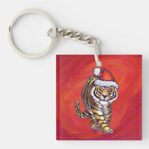 Tiger Christmas on Red Keychain