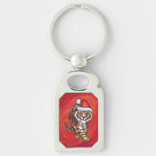 Tiger Christmas on Red Keychain