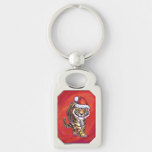 Tiger Christmas on Red Keychain