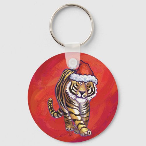 Tiger Christmas on Red Keychain