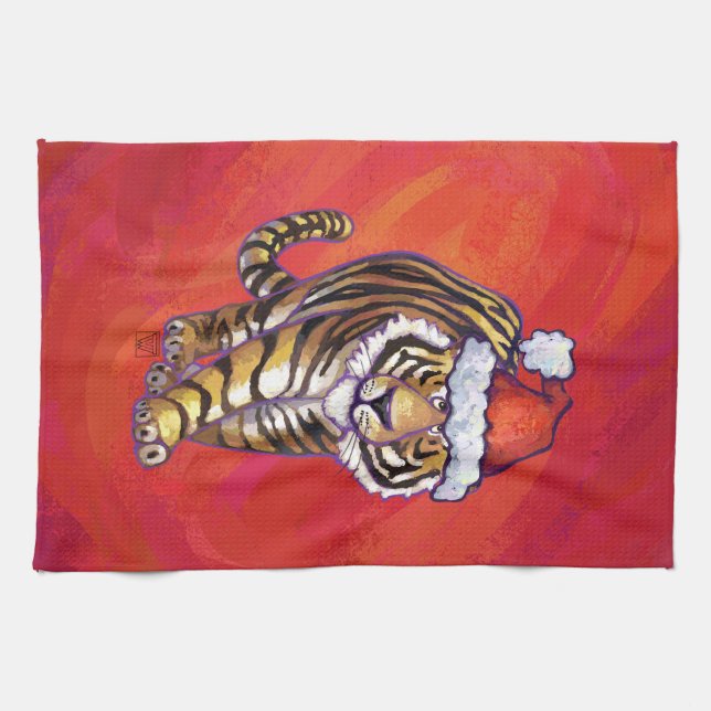 Tiger Christmas on Red Kitchen Towel (Horizontal)