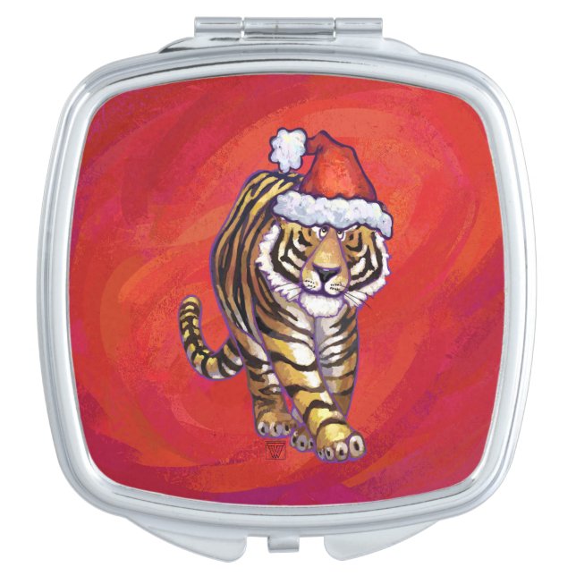 Tiger Christmas on Red Makeup Mirror (Front)