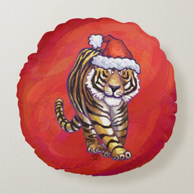 Tiger Christmas on Red Round Pillow (Front)