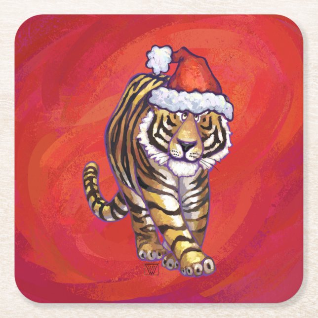 Tiger Christmas on Red Square Paper Coaster (Front)