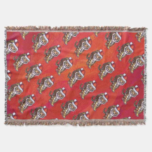 Tiger Christmas on Red Throw Blanket (Front)
