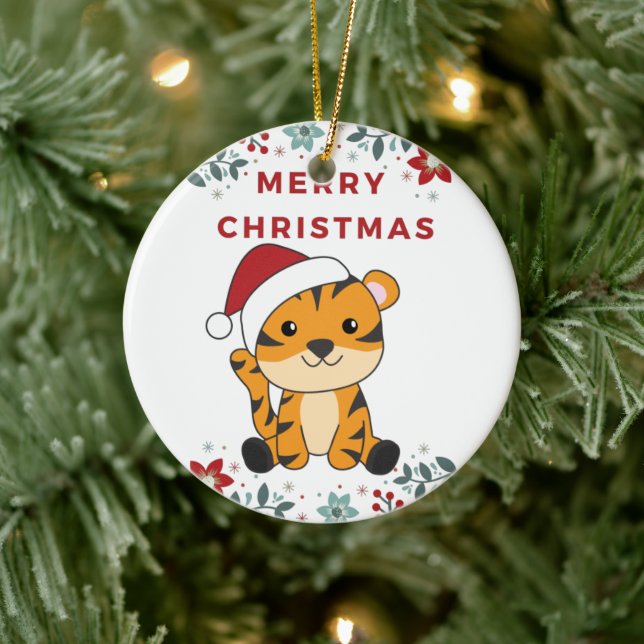 Tiger Christmas Snow Winter Animals Tiger Ceramic  Ceramic Ornament (Tree)