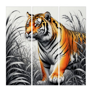Tiger Color Partial Black White Drawing Triptych