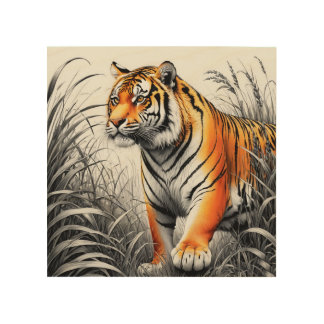 Tiger Color Partial Black White Drawing Wood Wall Art