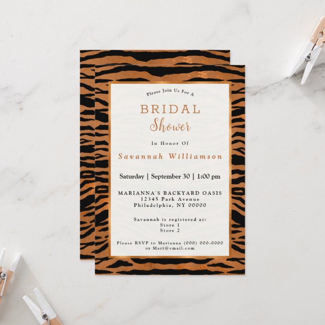 Tiger Copper Animal Print Bridal Shower Invitation (Front/Back In Situ)