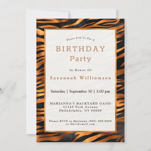 Tiger Copper Black Animal Print Birthday Invitation