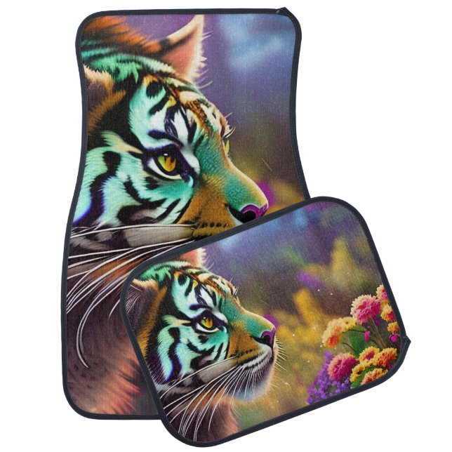 Tiger Cub and Flowers pink green Car Floor Mat (Set)