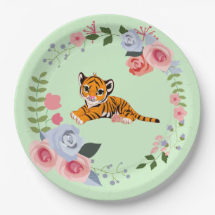 Tiger Cub Floral Baby Shower Paper Plates