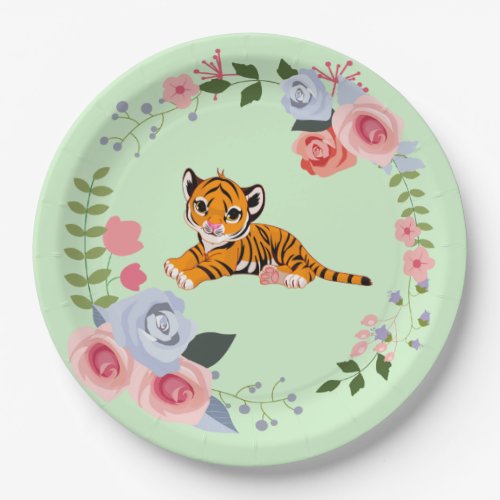 Tiger Cub Floral Baby Shower Paper Plates