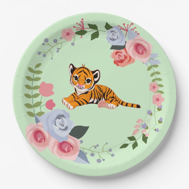 Tiger Cub Floral Baby Shower Paper Plates (Front)