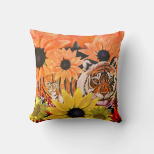 Tiger, Cub, Flowers and Orange Colors Throw Pillow