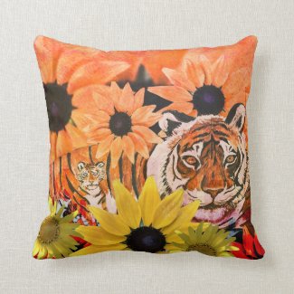Tiger, Cub, Flowers and Orange Colors Throw Pillow