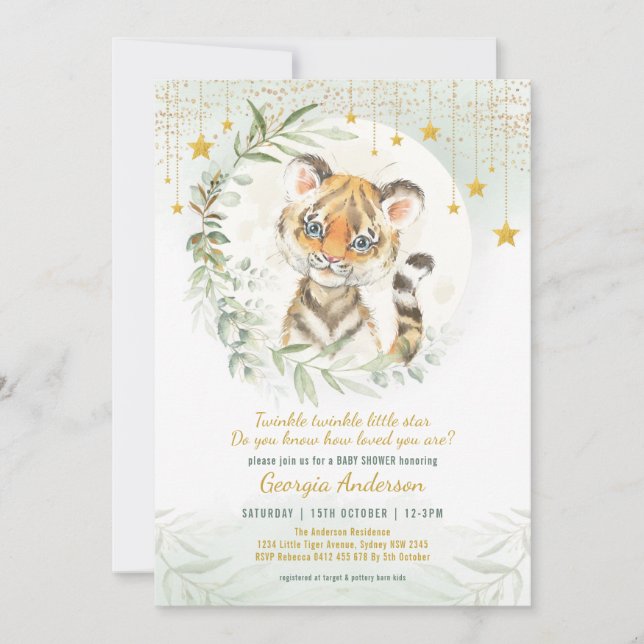 Tiger Cub Greenery Moon Twinkle Stars Baby Shower Invitation (Front)